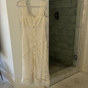 Farm Rio small Cream Crochet Midi Dress with Button Front